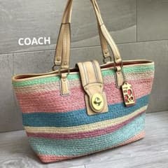 美品✨COACH コーチ マルチカラーボーダー ターンロック カゴバック