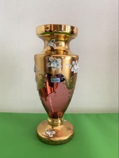 ボヘミアンガラス花瓶(Bohemia Crystalex) 金彩 花柄 チェコ製のサムネイル