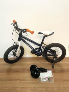 【送料込み】ヨツバサイクル14インチ ネイビー　純正スタンド+未使用補助輪付 美品】ヨツバサイクル14インチ ネイビー 純正スタンド+未使用補助輪付