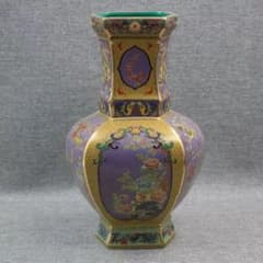 Enamel-decorated hexagonal vase with floral and bird motif, Jingdezhen porcelain, decorative item, contemporary craft, fine art, ornament.