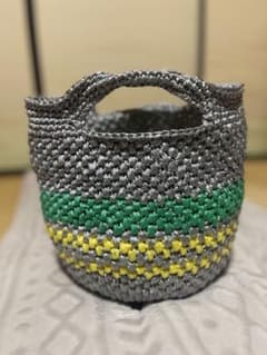 編みかごバッグ グレー 緑 黄色のサムネイル