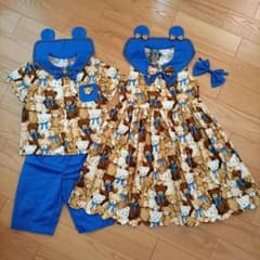 ハンドメイド 姉弟お揃い テディベアリボン柄 くま耳付ワンピース