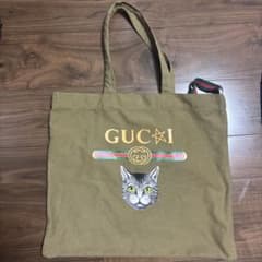 韓国 GUC☆I 猫イラスト トートバッグ カーキのサムネイル