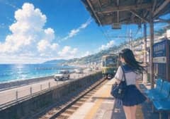 【イラスト】鎌倉高校前と女子高生 アートポスターのサムネイル
