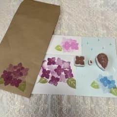 消しゴムはんこ　大きめ紫陽花 花1個・葉っぱ1個・雨粒1個 3個セットのサムネイル