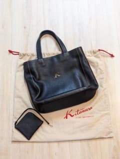 極美品】キタムラ 本革レザートートバッグ 黒 Kロゴ刺繍 ミニポーチ