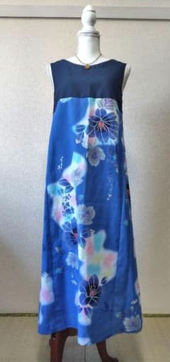 浴衣リメイクロングワンピース水色パステル雲花×紺色切返MLサイズ24_22_2のサムネイル