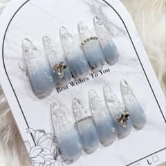 氷結ガラスネイル ネイルチップ ロングポイント ワンホン 水色 韓国氷結ネイルのサムネイル
