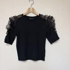 ZARA リブトップス チュールショルダー ブラック Sのサムネイル