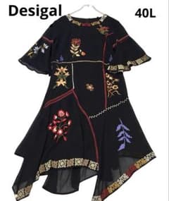 【美品難あり】Desigualデシグアル花柄刺繍フレアワンピース黒40ML/Ｌのサムネイル