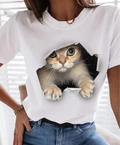 ガールズソリッドキティプリント半袖Tシャツ　快適プルオーバーのサムネイル