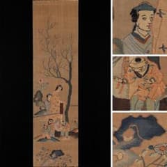 織】 ☆ 織繍 香地行楽紋刻糸図掛軸 ☆ 清時代 美人兒童 綴織文様 明清 
