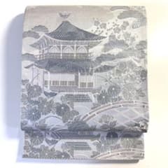 6k256 袋帯　絹　プラチナ箔　京名所　銀閣寺　銀色　白　紫　柄物　和装　着物 6k256 袋帯 絹 プラチナ箔 京名所 銀閣寺 銀色 白 紫 柄物 和装 着物
