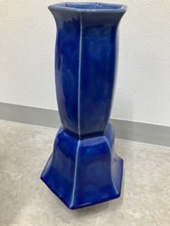 共箱付】京焼 徳斎 作 海碧釉 六角 大花瓶 37cm 花器 骨董アンティーク