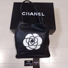 CHANEL シャネル カメリア ロゴ バック ラムスキン トートバッグ 大