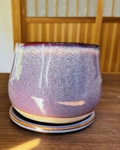 陶器　植木鉢プランターポット　ポリーヌ　観葉植物　栗型受け皿セット紫色ラベンダー