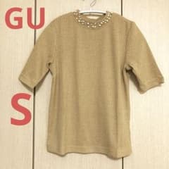 GU パール調ビジュー付き リブニット 五分袖 ベージュのサムネイル
