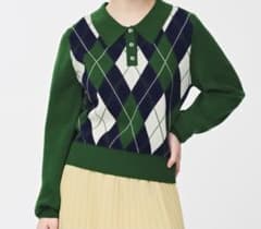 【GU /ジーユー】ポロネックニットセーター グリーン系 アーガイル柄 長袖 Sのサムネイル