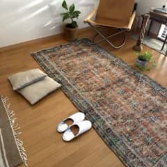 97×206 テラコッタ×ブルー 擦れボタニカル トルコヴィンテージラグ