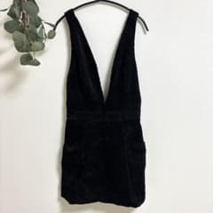 サロペットミニワンピース Vネック コーディロイ素材 秋冬ミニ 黒 綿 デート