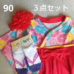袴 ロンパース 女の子  90cm 花柄 赤 靴下、ヘアバンド付きのサムネイル