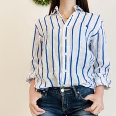美品♪ラルフローレン リネンシャツブラウス ストライプ ブルーのサムネイル