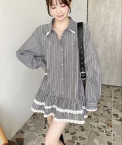 ストライプフリル付き長袖シャツドレスのサムネイル