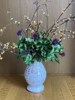 ハンドメイドパンフラワー　パンアートアレンジメントあざみとツルウメモドキ　秋の花 ハンドメイドパンフラワー パンアートアレンジメントあざみと
