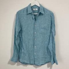 極美品　ユニクロUNIQLO プレミアムリネンシャツ　長袖　ブルー系　サイズMのサムネイル