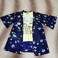 【未使用】100センチ 花柄シアーガウン付き イエローロゴTシャツ セットのサムネイル