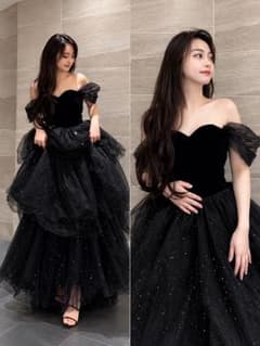 ベロア素材 オフショルダー ロングドレス ブラックのサムネイル