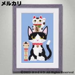 原画「ハチワレ猫と招き猫とこけし」猫/イラスト/アート/アクリル画
