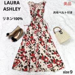 美品】ローラアシュレイ リネン100%花柄総柄フレアロングワンピース赤9