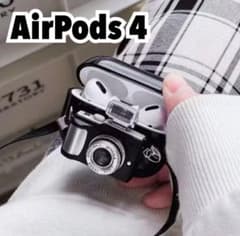 【レトロかわいい】AirPods4 ケース カメラ風 ブラック ストラップのサムネイル