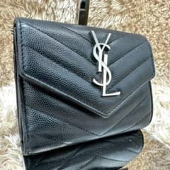 美品】サンローラン 三つ折財布 ブラック YSL Vステッチ キャビア