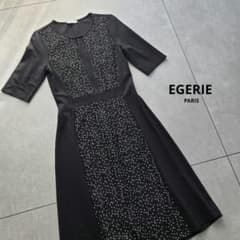 美品　EGERIE 黒レース切り替えドット柄 半袖ひざ丈ワンピースのサムネイル