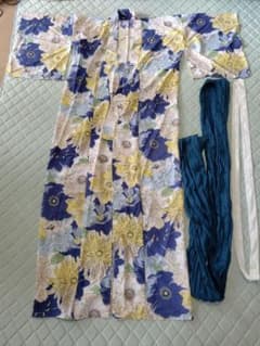 レディース 浴衣 帯 2点セット 花柄 ブルー イエローのサムネイル