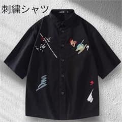 新品 アート刺繍 半袖シャツ ブラック オーバーサイズ　L