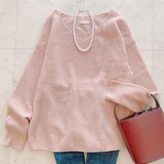 極美品 Loungedress カシミヤ100畦Vネックニット ピンクベージュ