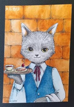 自作 手描きイラスト ポストカード 原画 「どうぶつカフェ ねこの