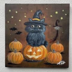 アクリル画 ハッピーハロウィン　黒猫　かぼちゃ　キャンバス　原画　手描きのサムネイル