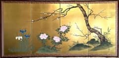 四つ折り屏風　日本画　金箔彩色　『梅・牡丹・あやめ』 四つ折り屏風 日本画 金箔彩色 『梅・牡丹・あやめ』 - メルカリ