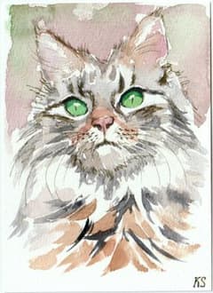 原画・一点物】猫の水彩画 緑の瞳 手描き - メルカリ