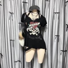 平成ギャル y2k ドクロ スカル プリント半袖Tシャツ グランジ
