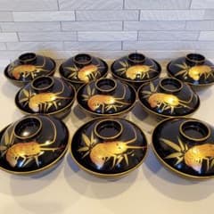 縁起物】黒漆 蒔絵 吸物椀 10客 海老 笹 金彩 汁椀 漆器 - メルカリ