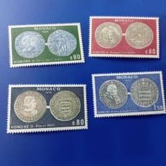 外国切手 モナコ 1975年~ 古銭・貨幣シリー凹版4種 硬貨デザイン