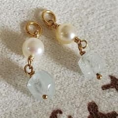 パール×ベリル♡天然石【アガット】K10 ゴールド 水色 白 ピアス 