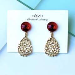 A23☆つやつやレッド×ゴールド雫 ハンドメイド ピアス イヤリング