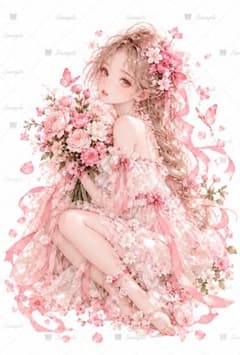 花束と蝶の春色少女｜ピンク人物ステッカー3枚のサムネイル
