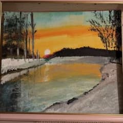 風景画 油彩画 夕日 金色フレーム付き - メルカリ